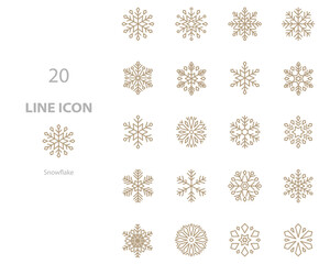 set of snowflake thin line icons, gold snow, winter, christmas