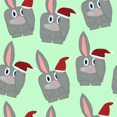 New Year seamless pattern with emotional hares with Santa hats on a mint green background