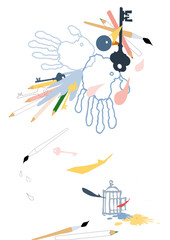 A bird symbolizing creativity escaping from a bird-cage, to encourage people to set their own creativity free.