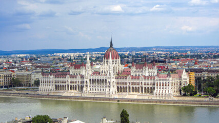 Fototapeta na wymiar Aerial of the Hungarian Parliament Building in Budapest with the Danube river and the baroque facade. Popular tourist destination and a world heritage site.