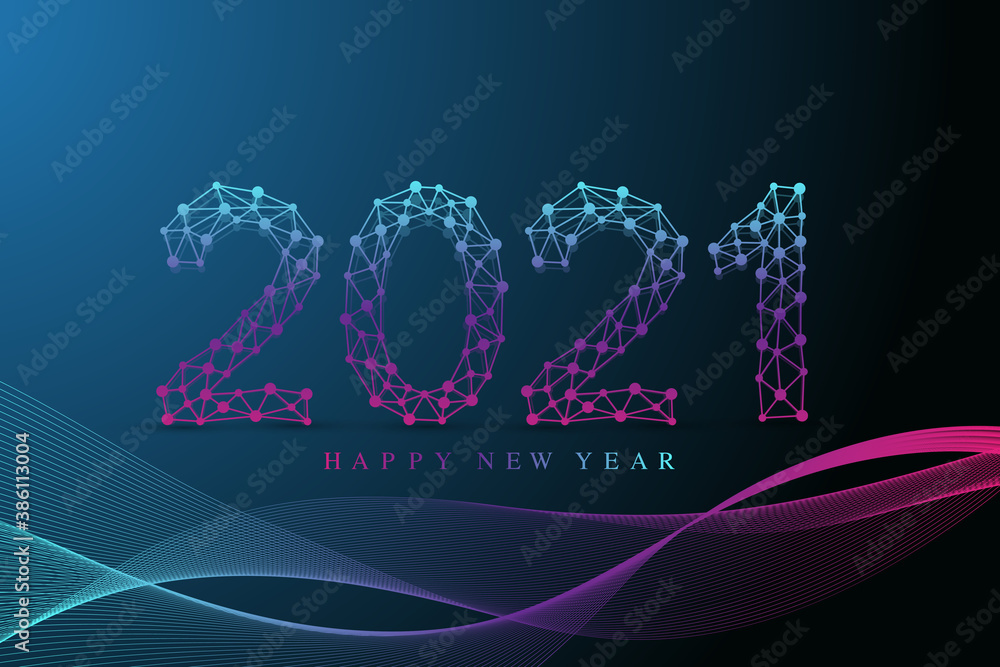 Poster text design christmas and happy new year 2021. graphic background communication 2021. connected line