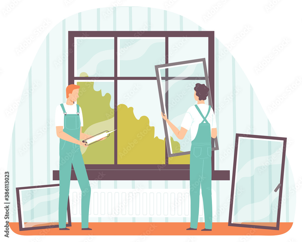 Wall mural home repair worker. two workers in uniforms install plastic windows. vector illustration flat design