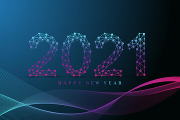 Text design Christmas and Happy new year 2021. Graphic background communication 2021. Connected lines with dots. Design for presentations, flyer, poster. Low poly wireframe digital vector illustration