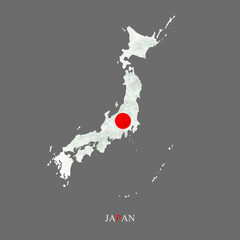 Japan flag in the form of a map of Japan. Isolated on a grey background.