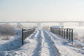 Fototapeta premium Winter landscape of frosty trees, white snow in city park. Trees in hoarfrost. Seasons, climate change, ecology, environment. Extremely cold winter