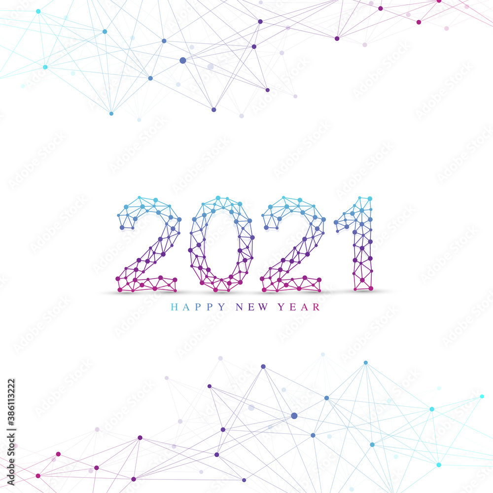 Poster text design christmas and happy new year 2021. graphic background communication 2021. connected line