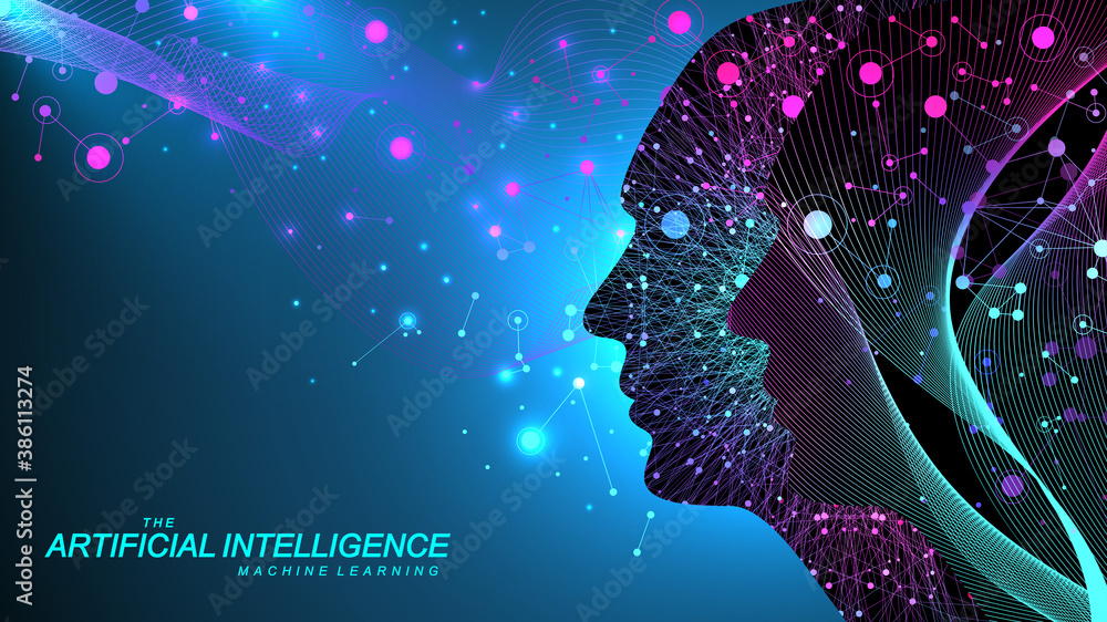Poster Artificial intelligence with Digital Brain, Neural Networks and Learning Processing Big Data, Machine Learning concept. Binary data flow on blue background. Vector illustration