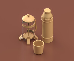 A french press and a thermos on the brown background, monochrome single flat colors, 3d rendering, camping equipments