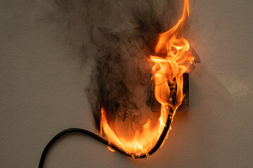 On fire electric wire plug Receptacle on the concrete wall background