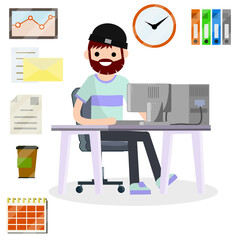 Man sitting at computer in office. Cartoon flat illustration. Work with PC. Set for business work-schedule, hours, file documents, letter, coffee, calendar. Company employee and office items