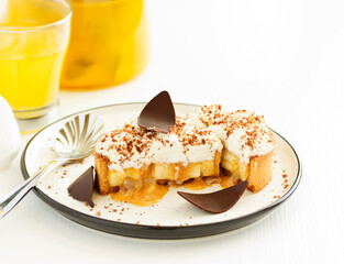 Banoffi tartlet with banana and caramel. Homemade baking. Selective focus.