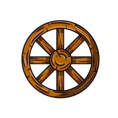 Obraz premium Old wooden cart wheels. A village vehicle in the wild West. Hand drawn cartoon illustration. Brown Detail of wagon with cracks