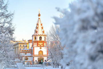 Winter landscape of frosty trees, white snow in city park. Trees in hoarfrost. Seasons, climate change, ecology, environment. Extremely cold winter