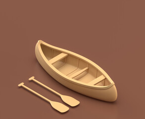Isometric canoe, monochrome yellow camping equipment on brown background, 3D Rendering
