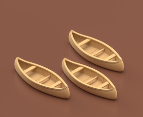 Isometric canoe, monochrome yellow camping equipment on brown background, 3D Rendering