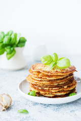 Potato pancakes with herbs and sour cream, Russian, Belarusian cuisine, selective