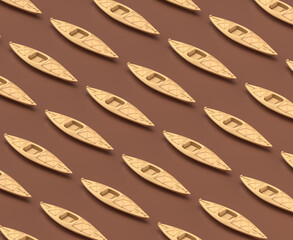 Isometric canoe, camping object and scene, monochrome yellow camping equipment on brown background, 3D Rendering