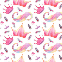 Watercolour painted cartoon princess crown. Rainbow pink fairytale isolated object. Watercolor rainbow cartoon seamless pattern.