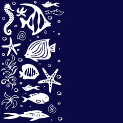 Graphic sea pattern with white cute fishes on a blue background.  Space for your text. 