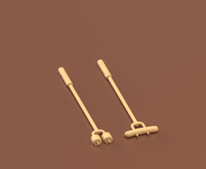 Isometric climber skewers, object and scene, monochrome yellow camping equipment on brown background, 3D Rendering