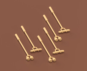 Isometric climber skewers, object and scene, monochrome yellow camping equipment on brown background, 3D Rendering