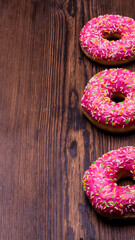 Glazed doughnuts with pink icing with sprinkles on a wooden Board,space for text