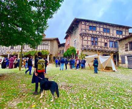 group of people playing with dog