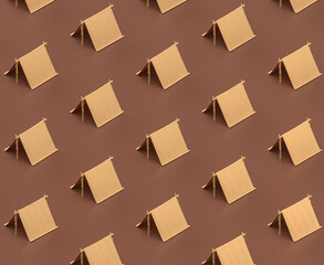 Isometric camper tent, camping object and scene, monochrome yellow camping equipment on brown background, 3D Rendering