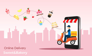 Delivery man riding motorbike from smart phone screen deliver bubble tea, sweet and bakery cakes to customer. Online food delivery service concept. Vector Illustration.