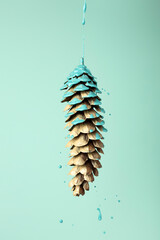 Blue paint dripping out of pine cone. Creative Fall minimal concept. Autumn background.