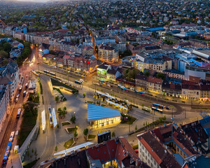 Aerial view about the Kalman Szell square. Amazing panoramic cityscape ebout the renewed ex Moscow...