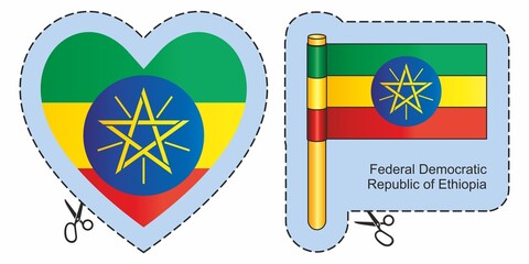 Flag of Ethiopia, Federal Democratic Republic of Ethiopia. Vector cut sign here, isolated on white. Can be used for design, stickers, souvenirs.