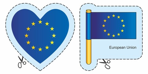 Flag of Europe, Flag of European Union. Vector cut sign here, isolated on white. Can be used for design, stickers, souvenirs.