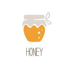 Cute caption jar of honey isolated on white background. Cozy pictogram original design. Vector shabby hand drawn illustration
