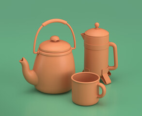 A teapot and mug with french press on the green background, monochrome single flat colors, 3d rendering, camping equipments