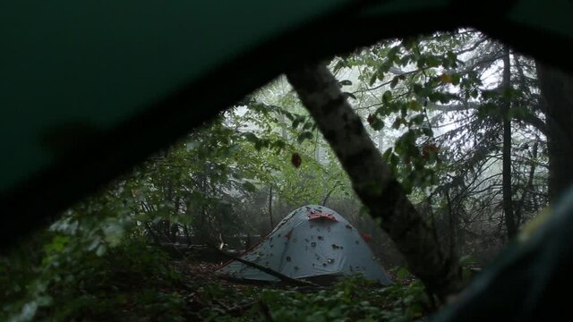 Tent in the forest on a rainy day, hiking in the mountains in autumn, rain is dripping on the tent.