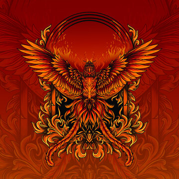 artwork illustration and t-shirt design phoenix engraved ornament premium vector
