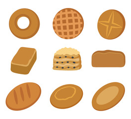Set of bakery products. Bread, loaves, rolls. Isolated on a white background. Vector illustration.