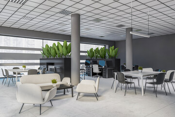 Gray office waiting room corner with sofas