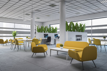 Yellow office waiting room corner with sofas