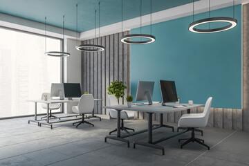 Blue and gray open space office corner