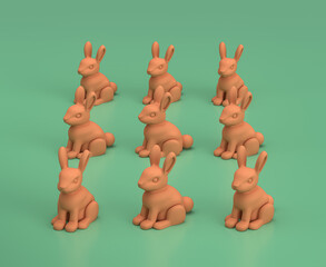 Isometric rabbit monochrome yellow on green background, 3D Rendering