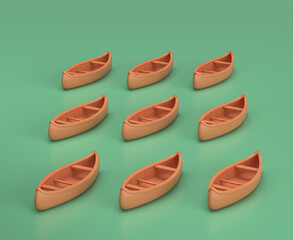 Isometric canoe, monochrome yellow camping equipment on green background, 3D Rendering