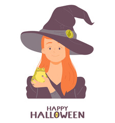 Young witch in a hat holding a toad. Happy Halloween. Avatar on white background. Vector illustration in cartoon style. For banners, posters, postcard