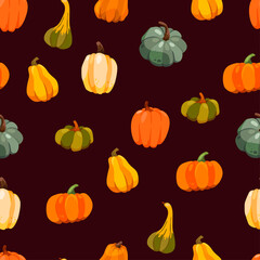 Beautiful autumn background with colorful pumpkins on a dark background. Mustard, orange, Burgundy, yellow pumpkin color. Halloween, thanksgiving, harvest day. Pattern for textiles.
