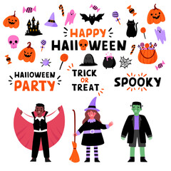 Cute Halloween flat cartoon vector set. Pumpkin, ghost, cat, bat, candy, witch, vampire, dracula, Frankenstein's monster. Lettering phrases Trick or treat, Halloween party. Children in costumes.