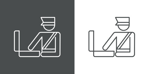 Control de equipajes. Icono lineal agente de aduana con maleta abierta en fondo gris y fondo blanco