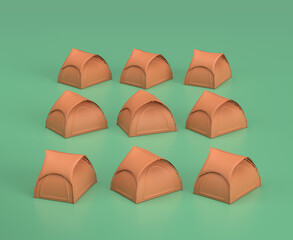 Isometric camper tent, camping object and scene, monochrome yellow camping equipment on green background, 3D Rendering