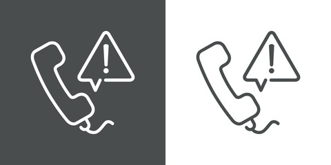 Icono plano lineal auricular de teléfono con signo de exclamación en burbuja de habla triangular en fondo gris y fondo blanco © teracreonte