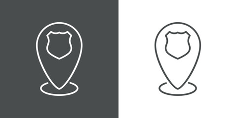 Concepto seguridad. Icono plano lineal chapa de policía en puntero sobre círculo en fondo gris y fondo blanco